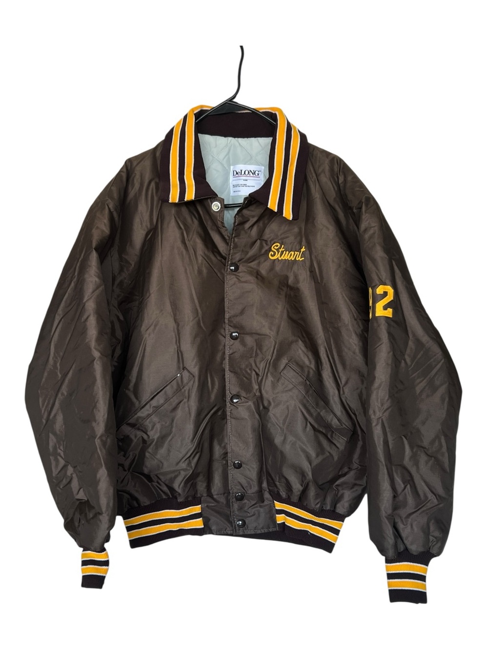 Vintage Delong Mens Stuart Brown & Yellow Satin Varsity Jacket Size XL
